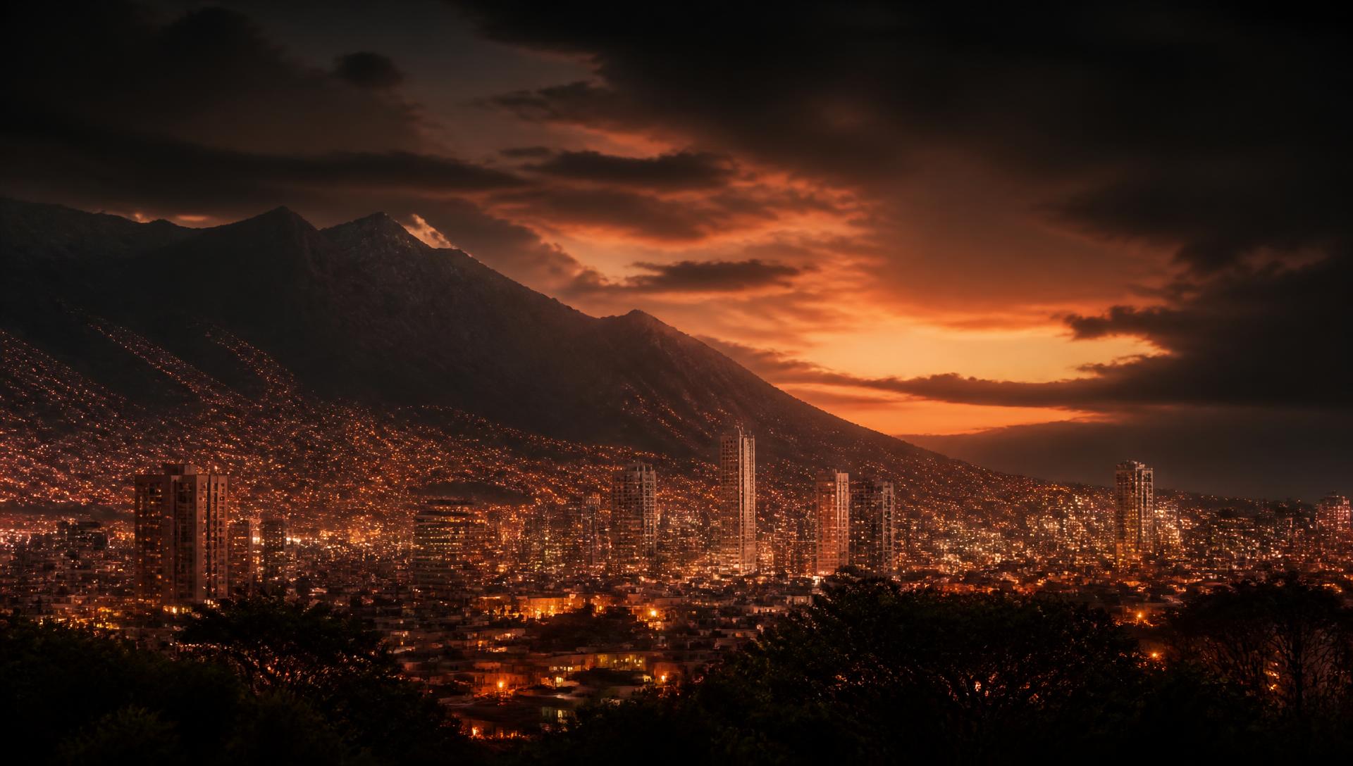 Bogotá at dusk with the Andes rising behind the city lights