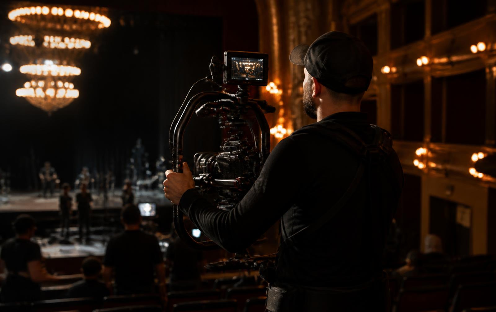 Film crew capturing the summit in a dark auditorium